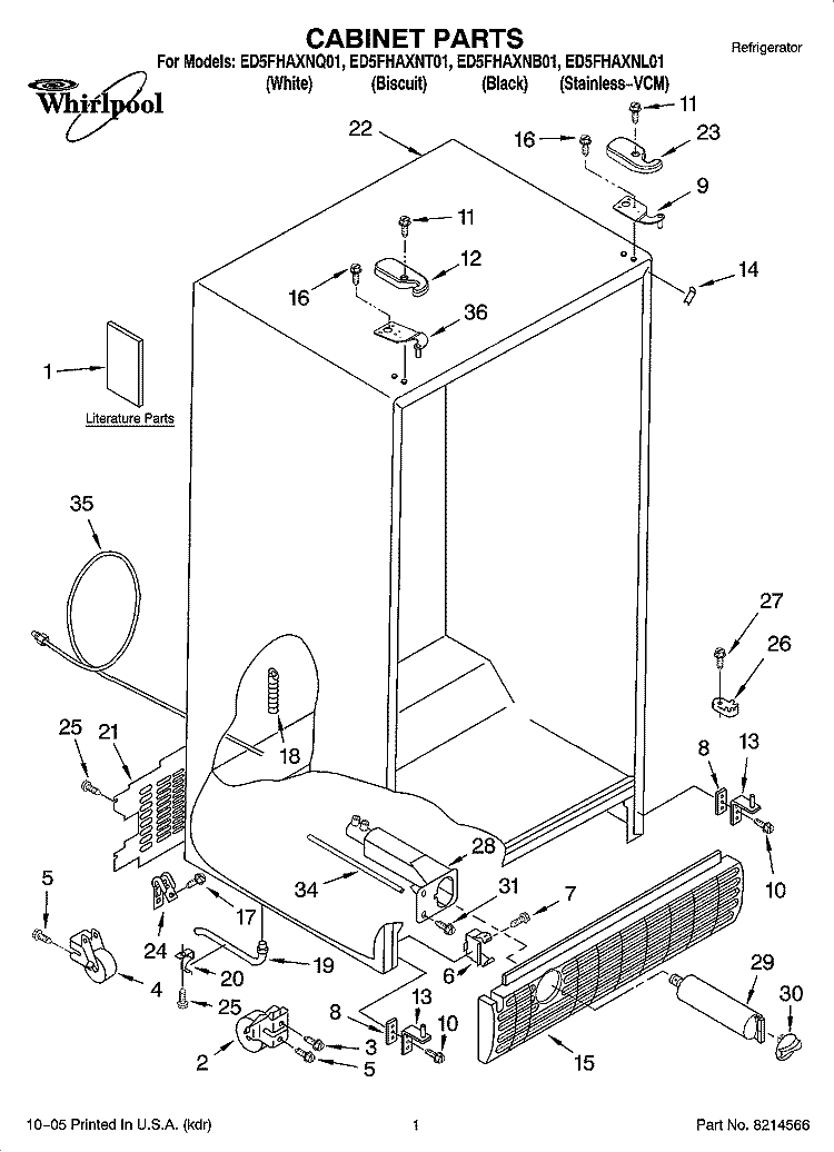 CABINET PARTS Diagram and Parts List for ED5FHAXNT01  Whirlpool Refrigerator