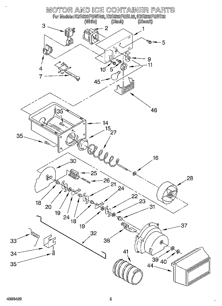 MOTOR AND ICE CONTAINER Diagram and Parts List for KSRS22FGBL02  KitchenAid Refrigerator