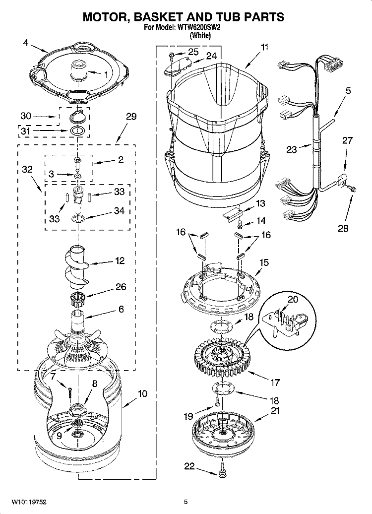 MOTOR, BASKET AND TUB PARTS Diagram and Parts List for WTW6200SW2  Whirlpool Washer