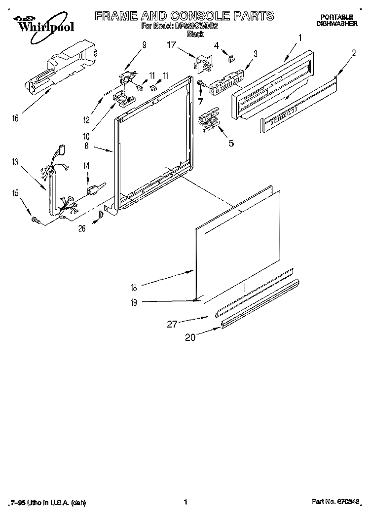 FRAME AND CONSOLE Diagram and Parts List for DP920QWDB2  Whirlpool Dishwasher