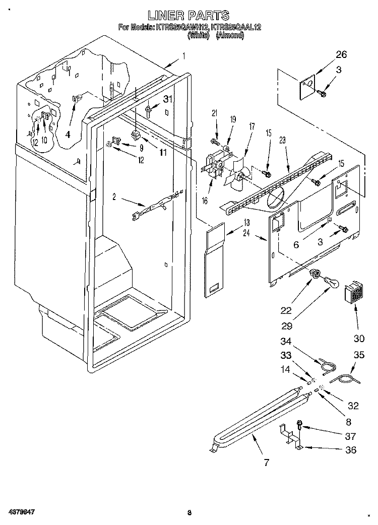 LINER Diagram and Parts List for KTRS25QAWH12  KitchenAid Refrigerator