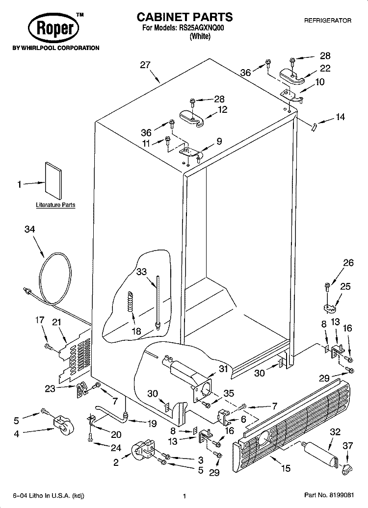 CABINET PARTS Diagram and Parts List for RS25AGXNQ00  Roper Refrigerator