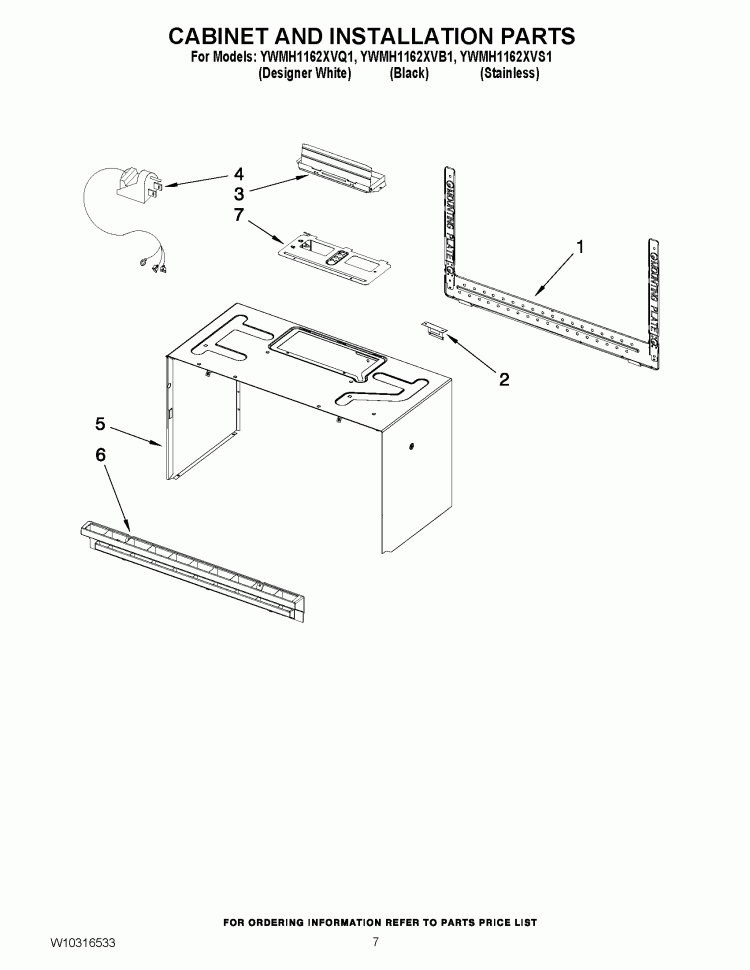 CABINET AND INSTALLATION PARTS Diagram and Parts List for YWMH1162XVB1  Whirlpool Microwave
