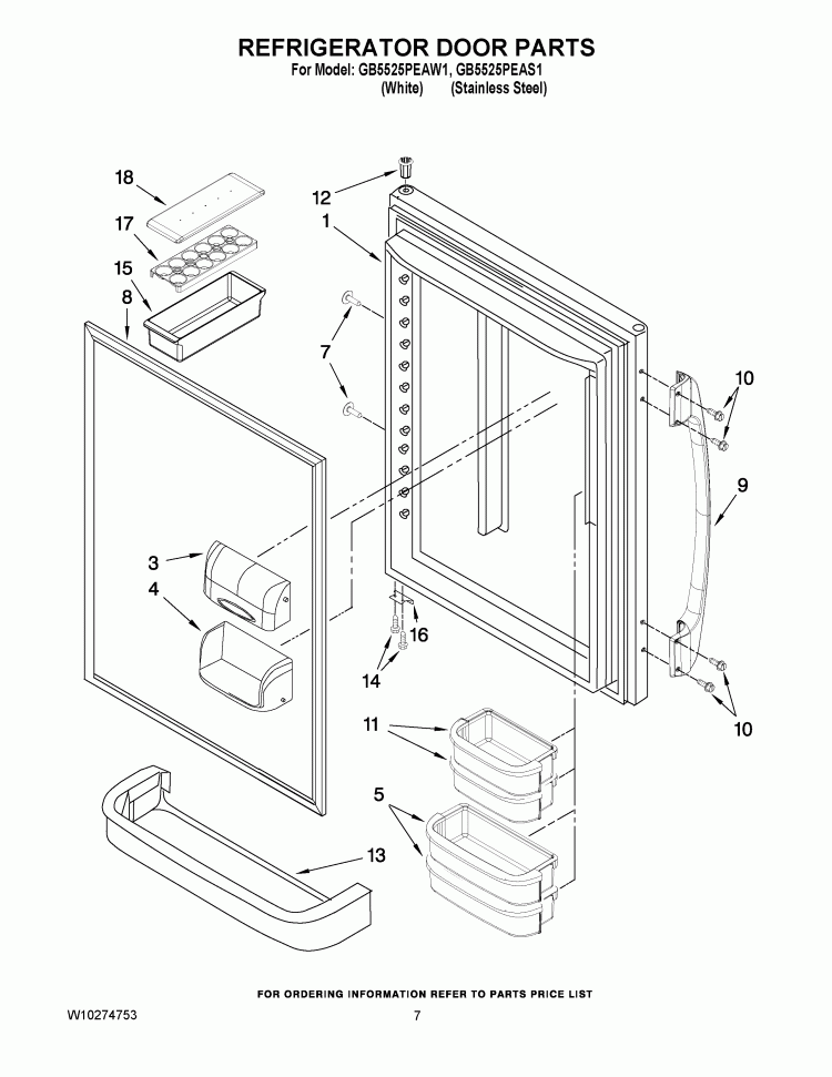 REFRIGERATOR DOOR PARTS Diagram and Parts List for GB5525PEAW1  Whirlpool Refrigerator