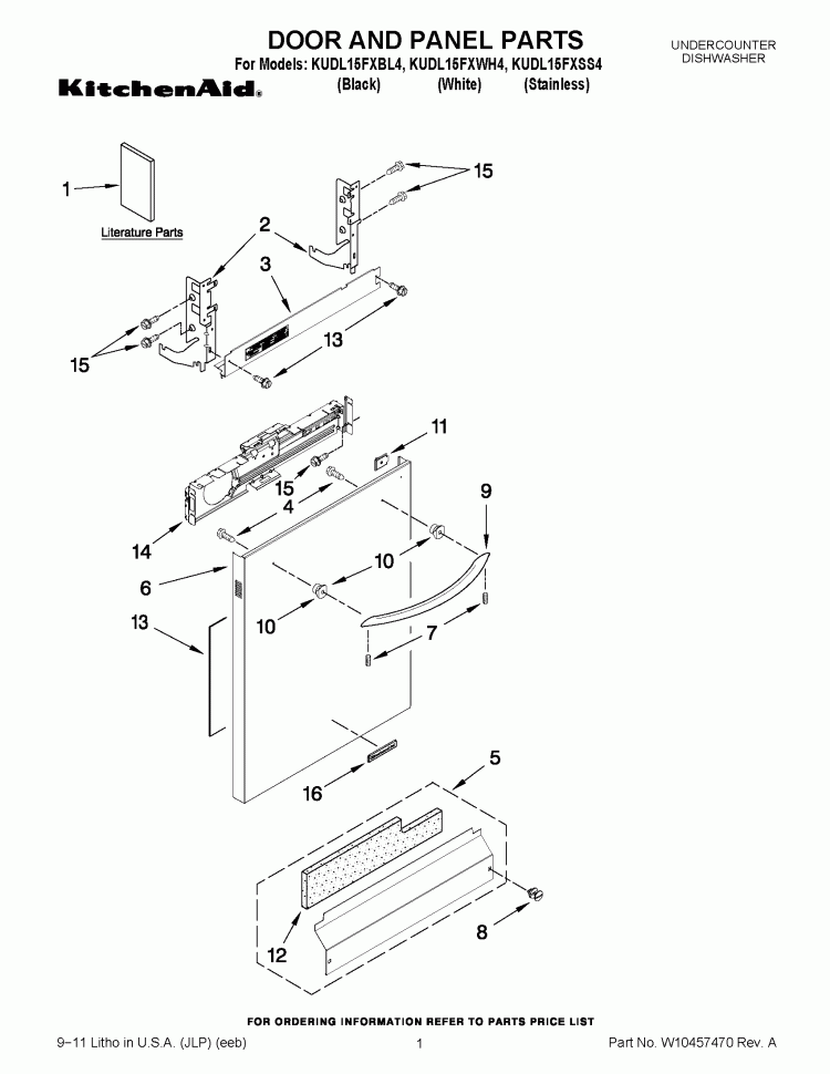 DOOR AND PANEL PARTS Diagram and Parts List for KUDL15FXWH4  KitchenAid Dishwasher