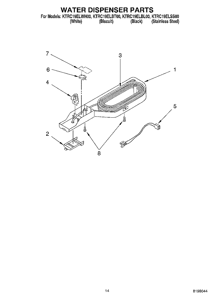 WATER DISPENSER, OPTIONAL Diagram and Parts List for KTRC19ELBL00  KitchenAid Refrigerator