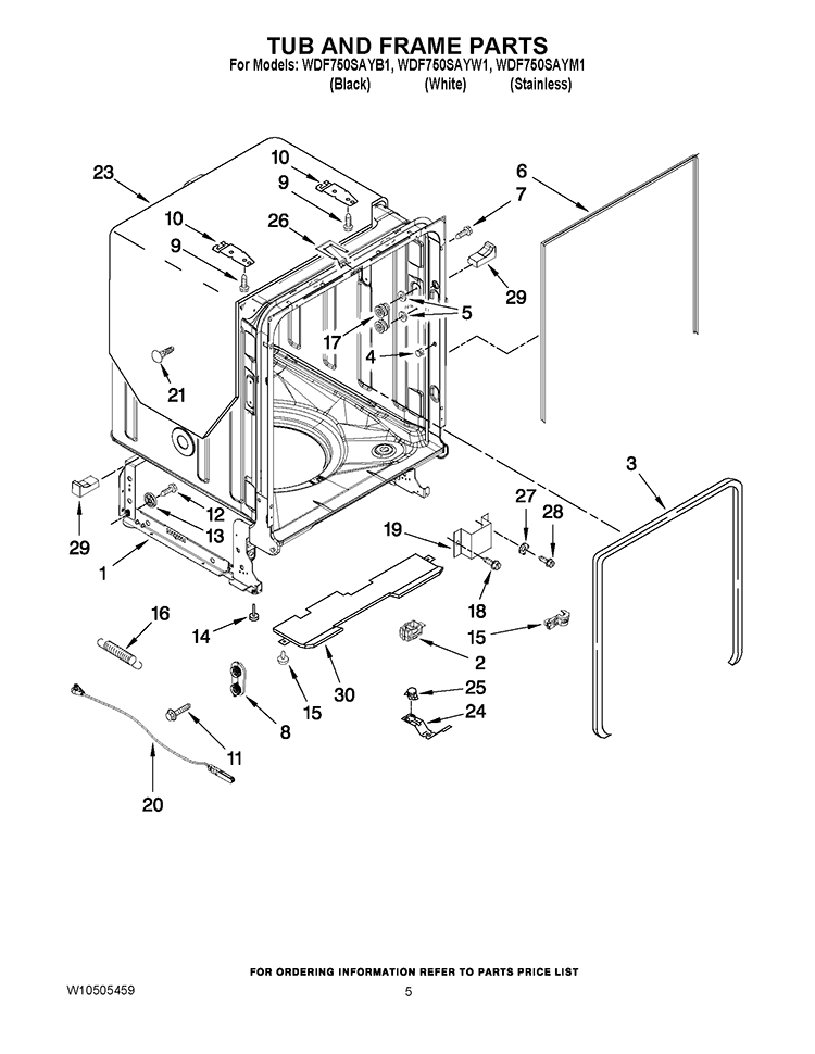 TUB AND FRAME PARTS Diagram and Parts List for WDF750SAYW1  Whirlpool Dishwasher