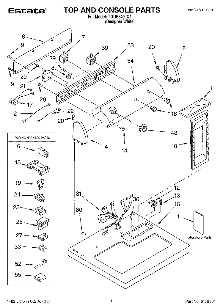 TOP AND CONSOLE, LITERATURE Diagram and Parts List for TGDS840JQ1  Estate Dryer
