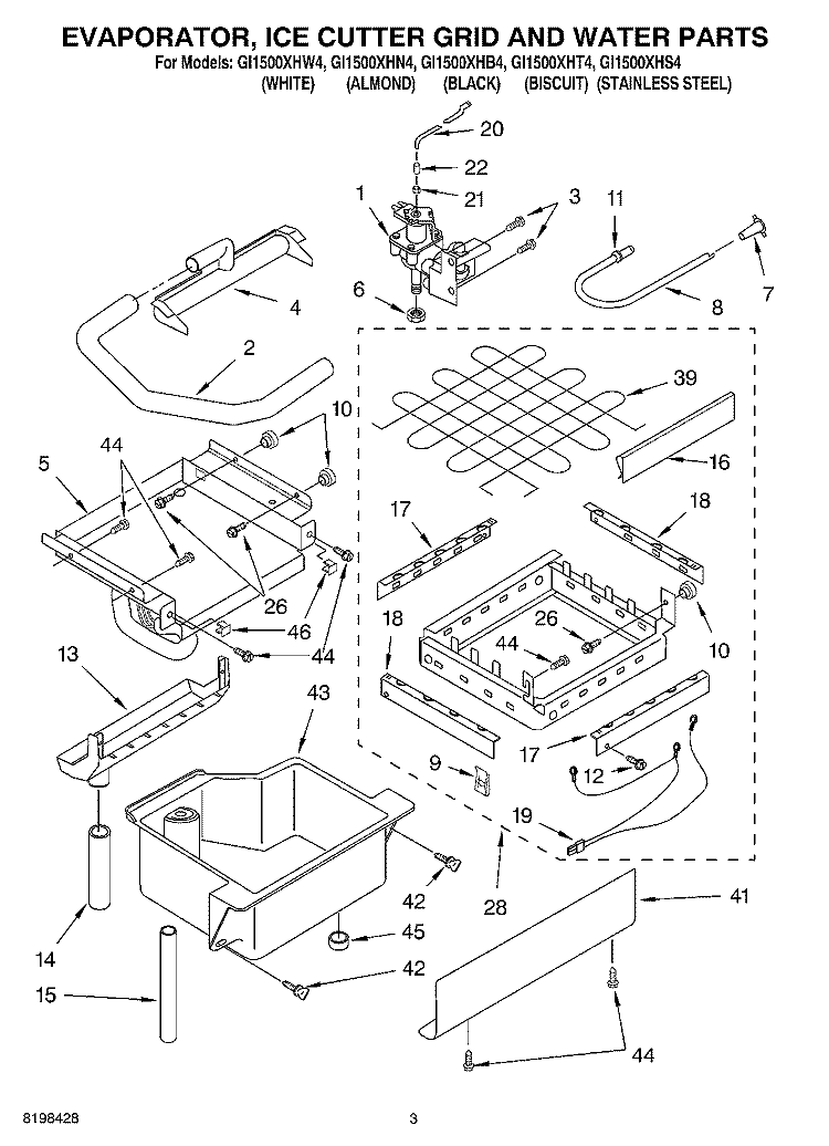 EVAPORATOR ICE CUTTER GRID AND WATER PARTS Diagram and Parts List for GI1500XHB4  Whirlpool Ice Maker