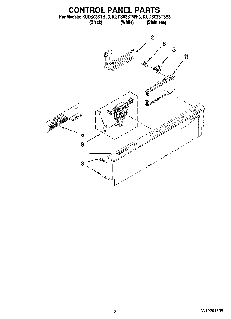 CONTROL PANEL PARTS Diagram and Parts List for KUDS03STBL3  KitchenAid Dishwasher