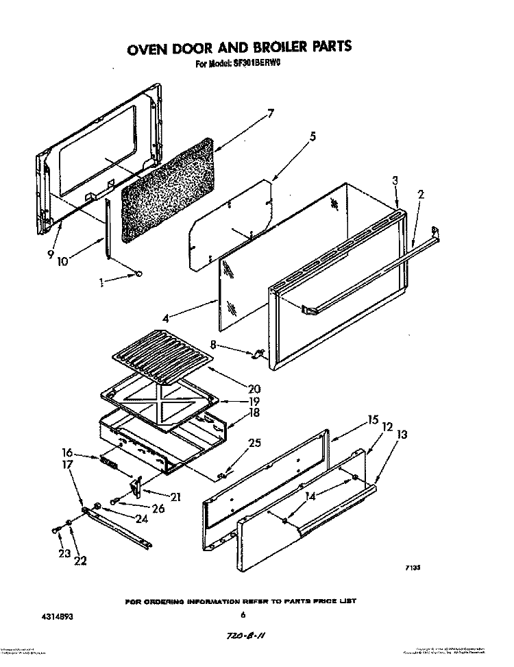 OVEN DOOR AND BROILER Diagram and Parts List for SF301BERW0  Whirlpool Range