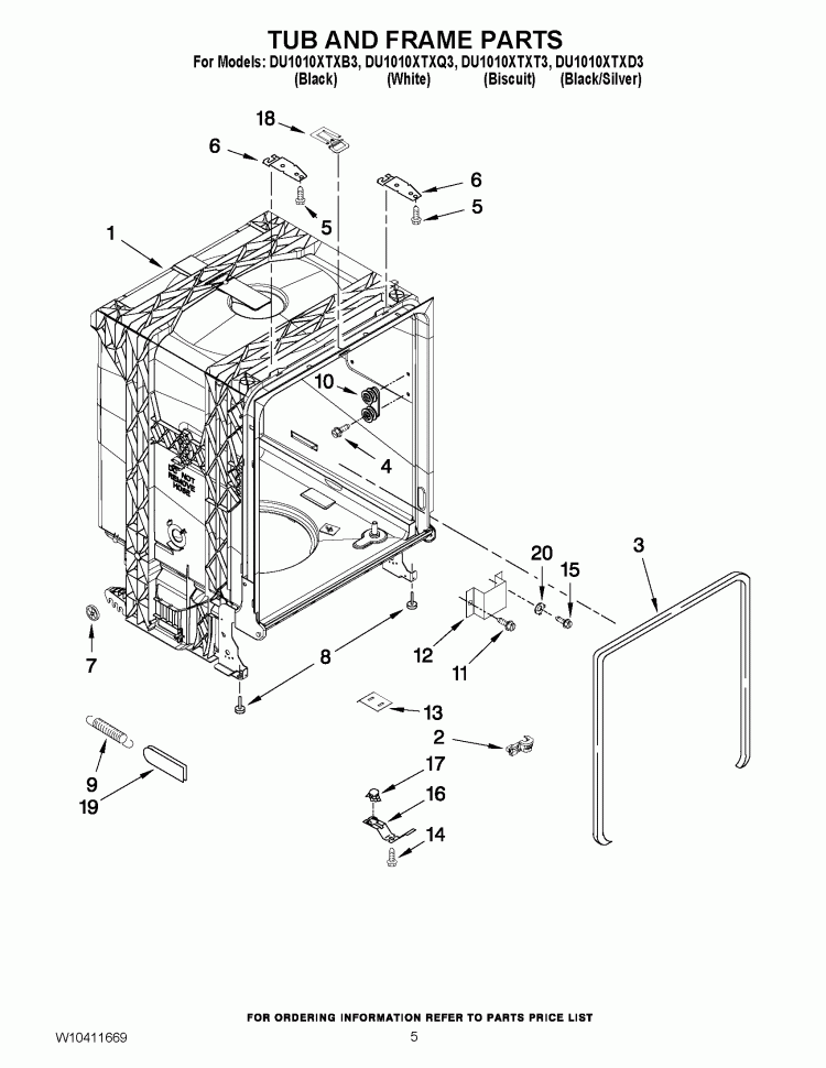 TUB AND FRAME PARTS Diagram and Parts List for DU1010XTXD3  Whirlpool Dishwasher