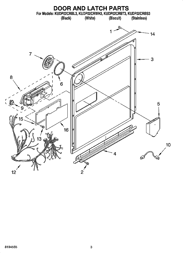 DOOR AND LATCH PARTS Diagram and Parts List for KUDP02CRBL3  KitchenAid Dishwasher