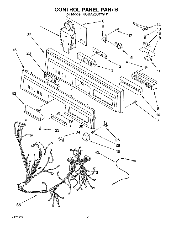 CONTROL PANEL, LIT/OPTIONAL Diagram and Parts List for KUDA230YWH1  KitchenAid Dishwasher