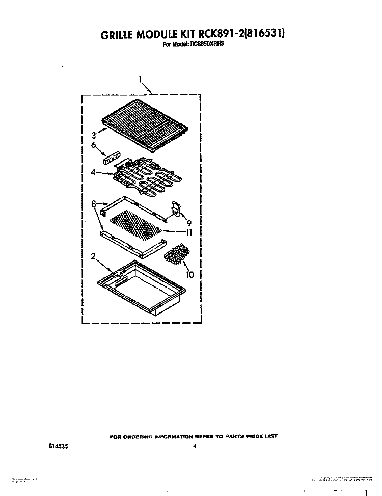 GRILLE MODULE KIT Diagram and Parts List for RC8850XRH3  Whirlpool Cooktop