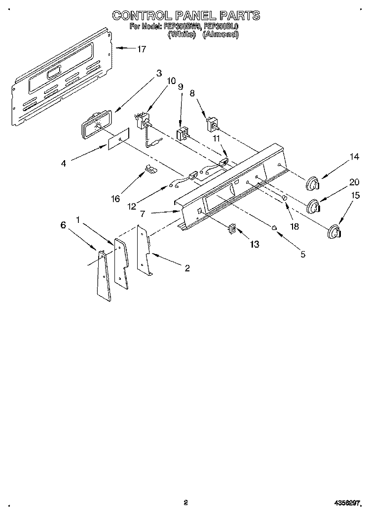 CONTROL PANEL Diagram and Parts List for FEP350BW0  Roper Range