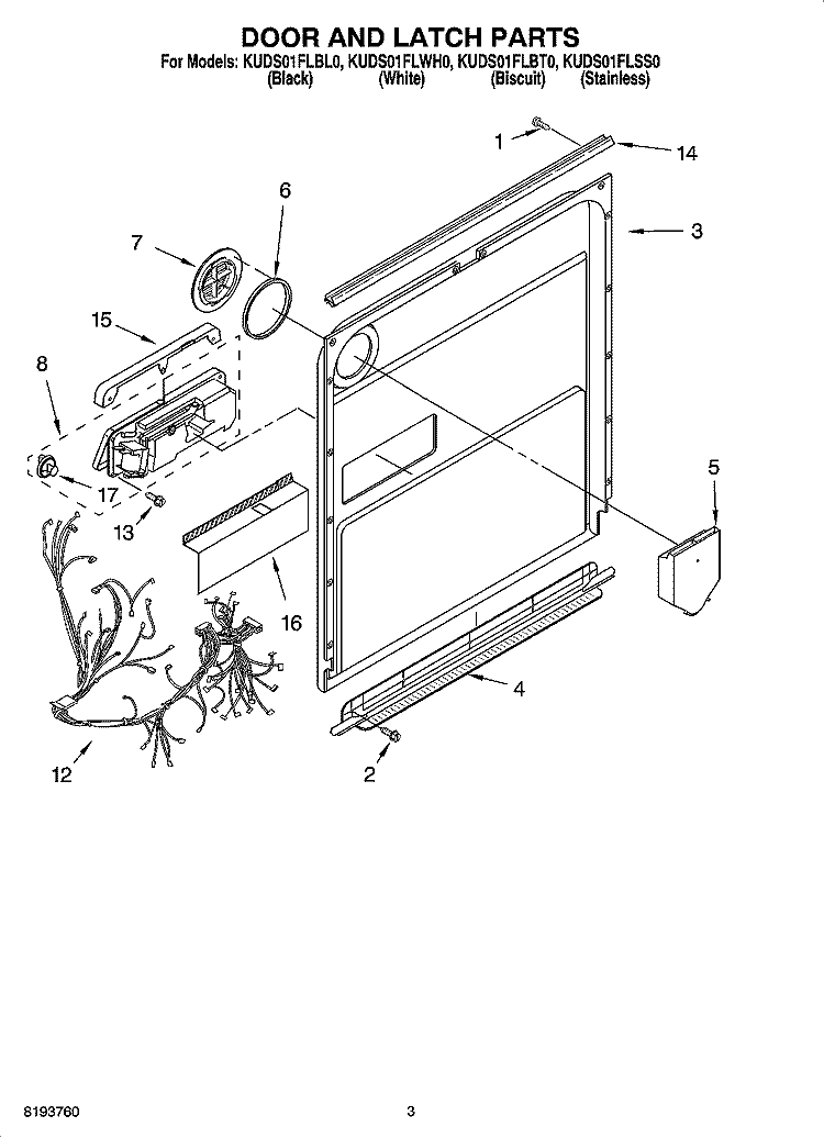DOOR AND LATCH PARTS Diagram and Parts List for KUDS01FLWH0  KitchenAid Dishwasher