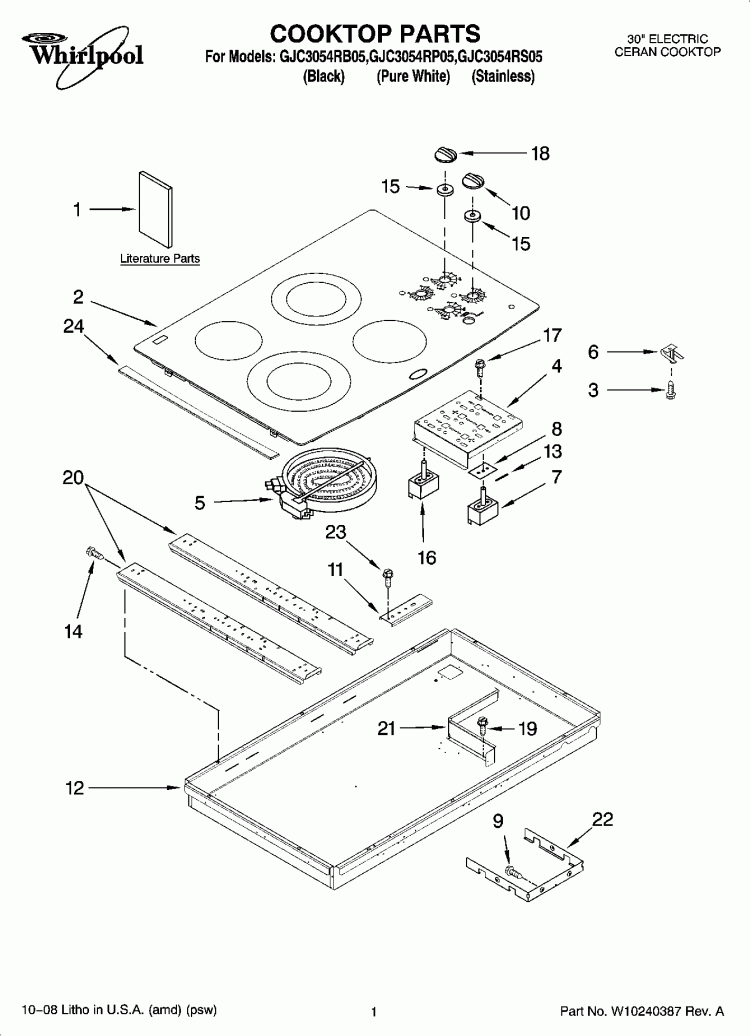 COOKTOP PARTS, OPTIONAL PARTS Diagram and Parts List for GJC3054RS05  Whirlpool Cooktop