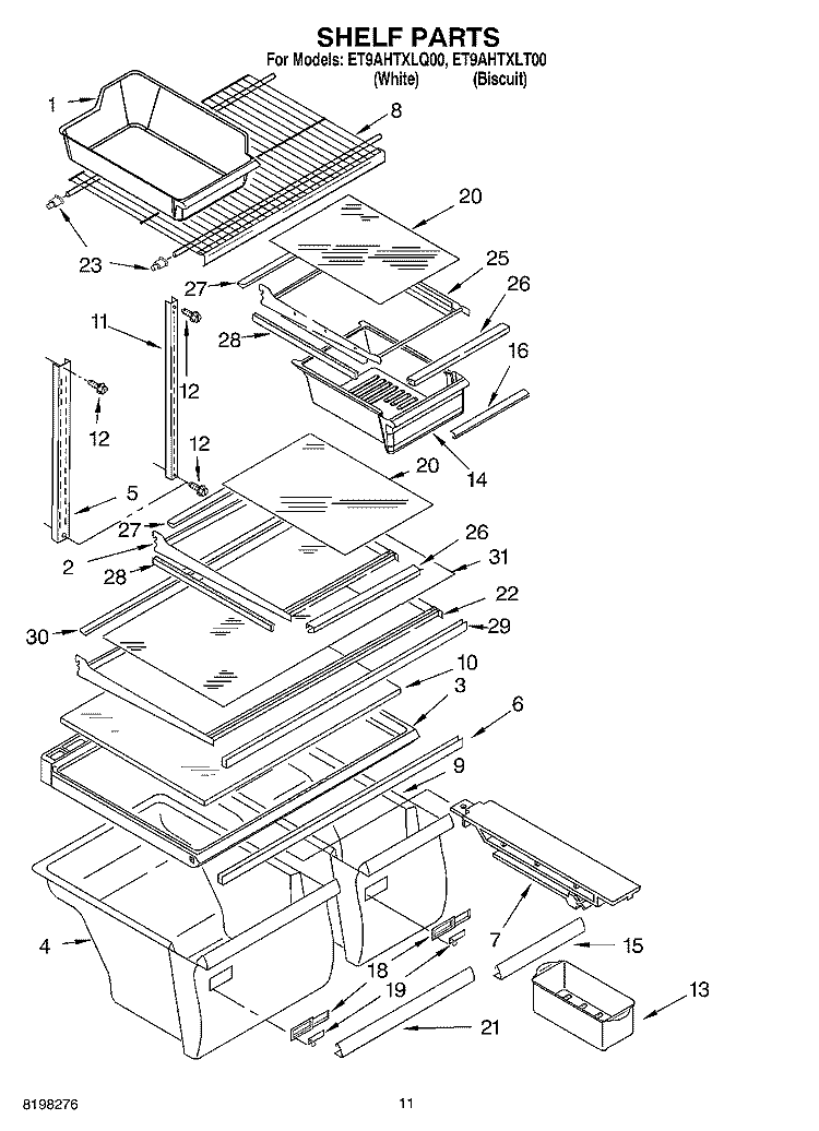 SHELF Diagram and Parts List for ET9AHTXLT00  Whirlpool Refrigerator