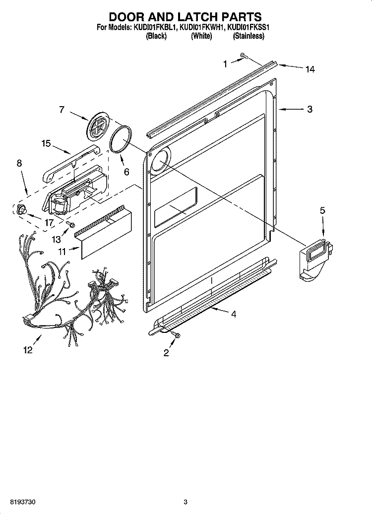DOOR AND LATCH PARTS Diagram and Parts List for KUDI01FKWH1  KitchenAid Dishwasher
