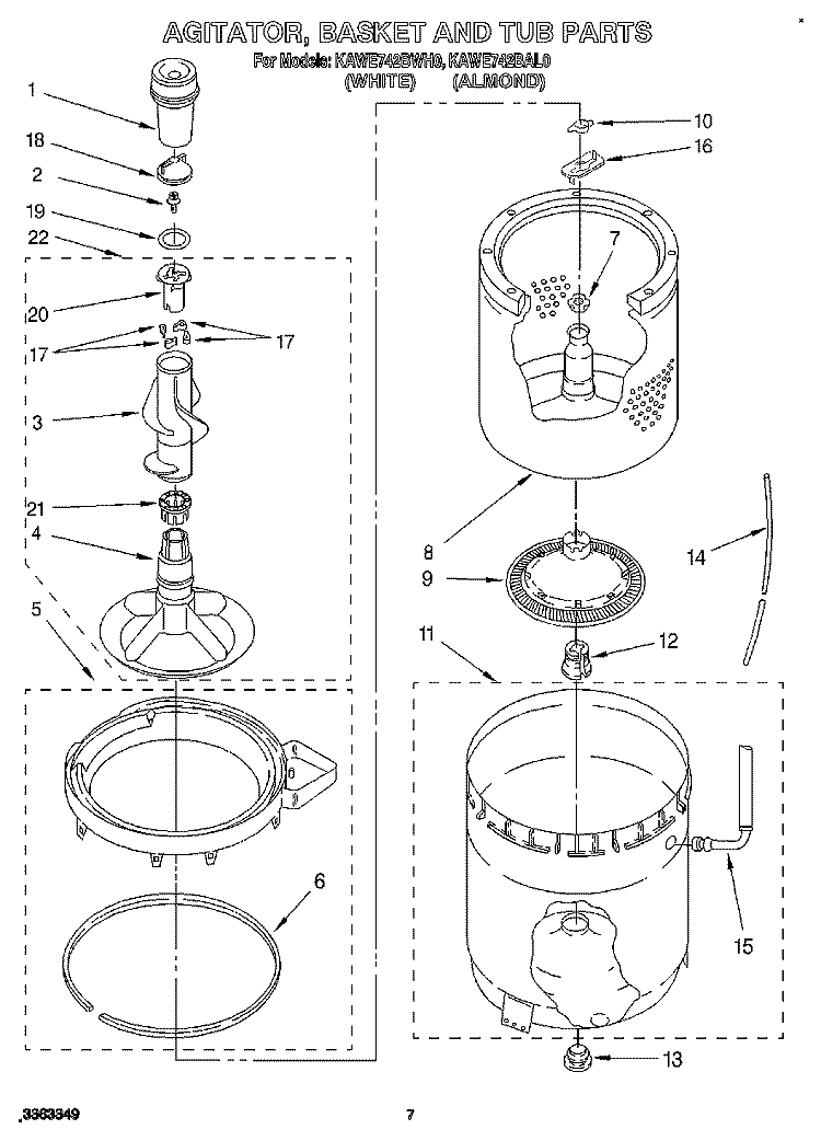 AGITATOR, BASKET AND TUB Diagram and Parts List for KAWE742BAL0  KitchenAid Washer