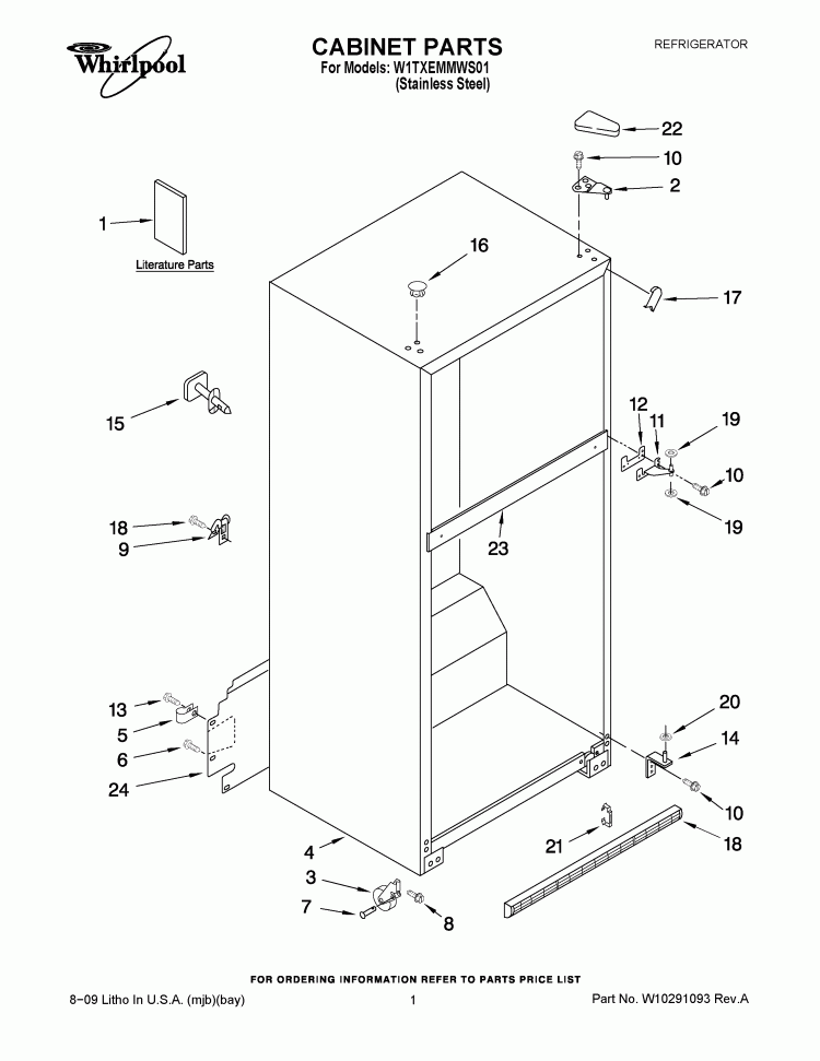 CABINET PARTS Diagram and Parts List for W1TXEMMWS01  Whirlpool Refrigerator