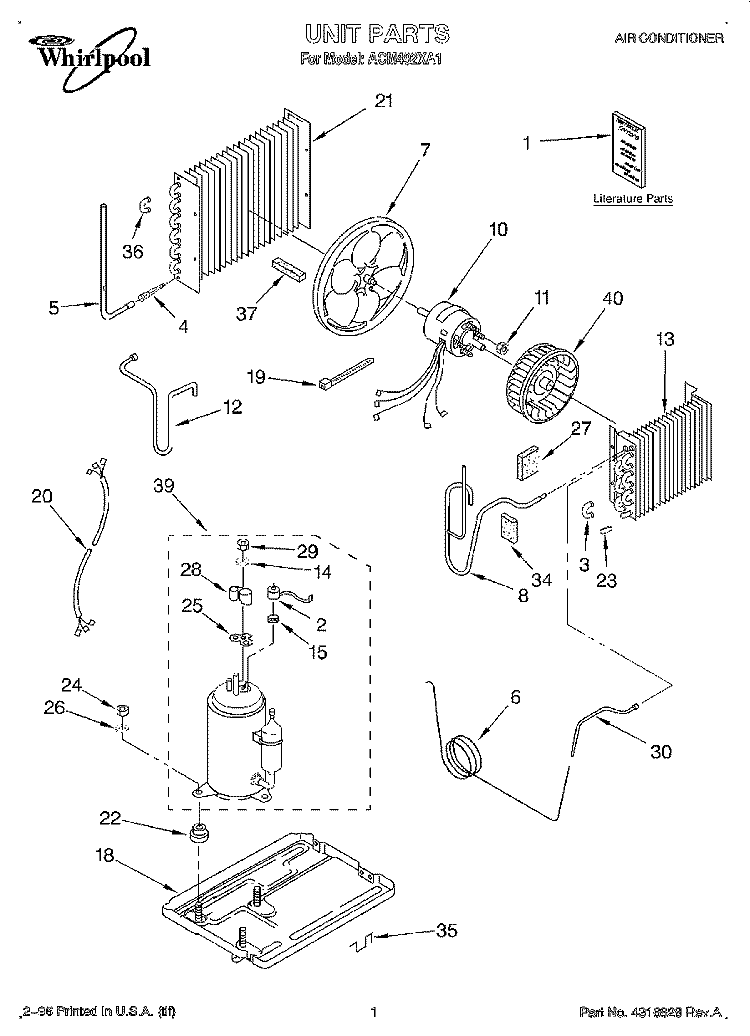 UNIT, LITERATURE Diagram and Parts List for ACM492XA1  Whirlpool Air Conditioner
