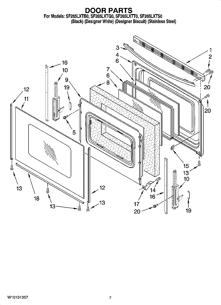 DOOR PARTS Diagram and Parts List for SF265LXTB0  Whirlpool Range