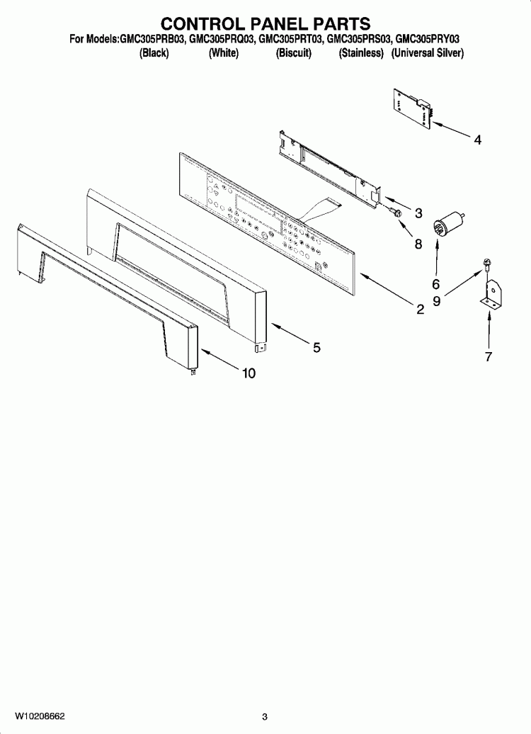 CONTROL PANEL PARTS Diagram and Parts List for GMC305PRB03  Whirlpool Microwave Oven Combo