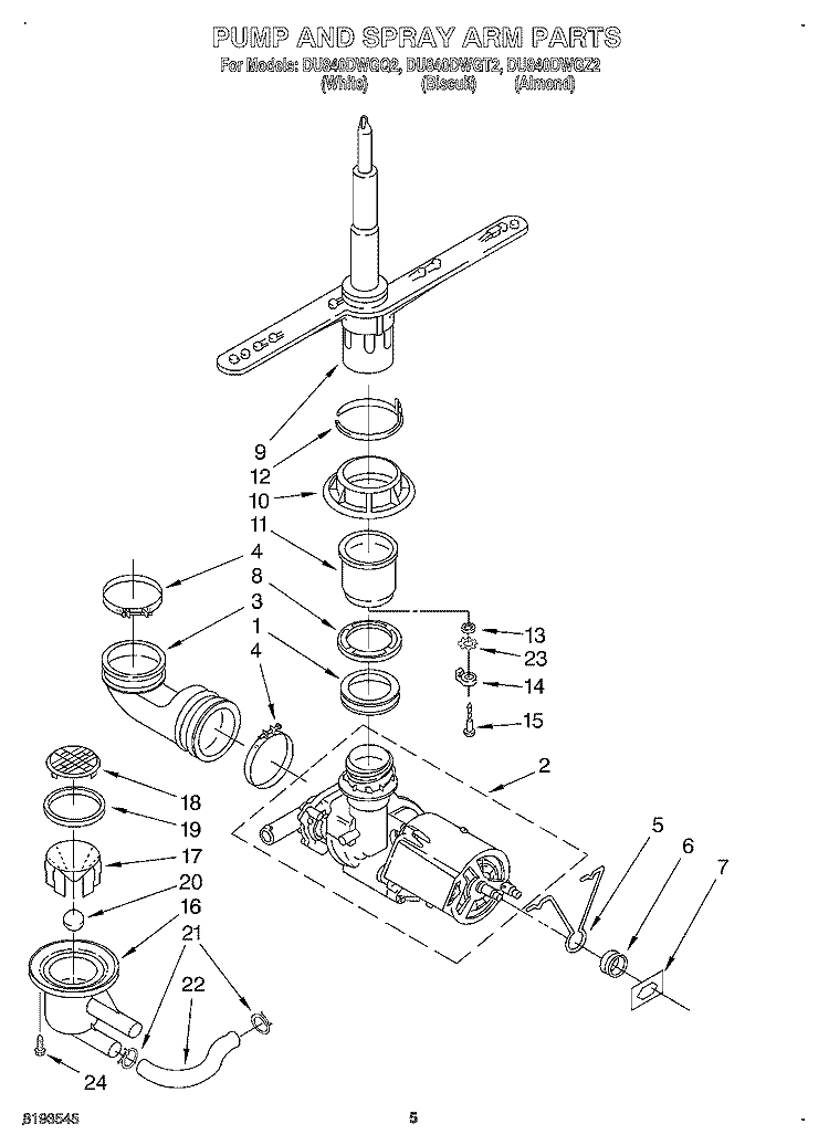 PUMP AND SPRAYARM Diagram and Parts List for DU840DWGZ2  Whirlpool Dishwasher