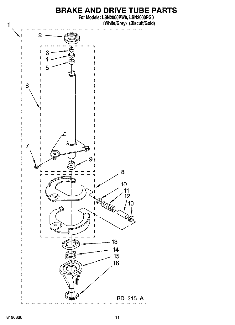 BRAKE AND DRIVE TUBE PARTS Diagram and Parts List for LSN2000PG0  Whirlpool Washer