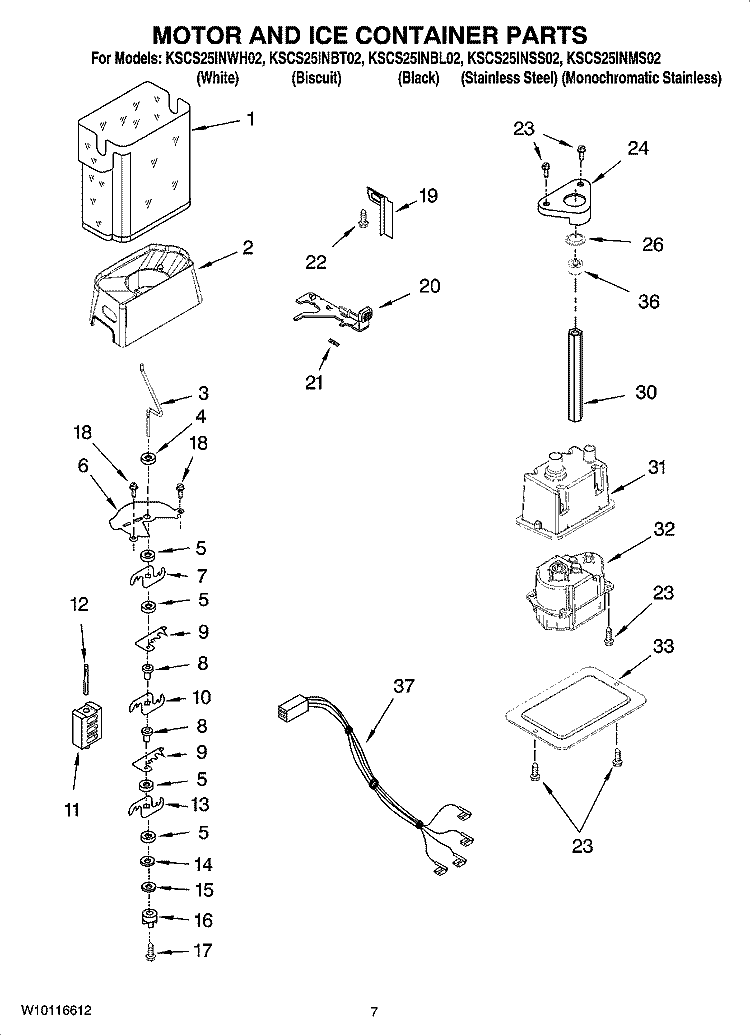 MOTOR AND ICE CONTAINER PARTS Diagram and Parts List for KSCS25INBT02  KitchenAid Refrigerator