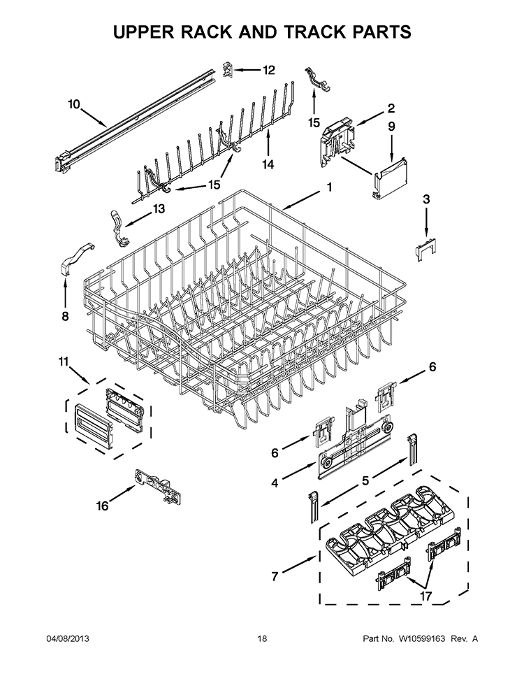 UPPER RACK AND TRACK PARTS Diagram and Parts List for KUDS35FXSS9  KitchenAid Dishwasher