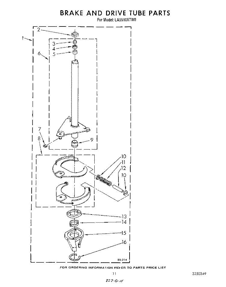 BRAKE AND DRIVE TUBE Diagram and Parts List for LA5510XTF0  Whirlpool Washer