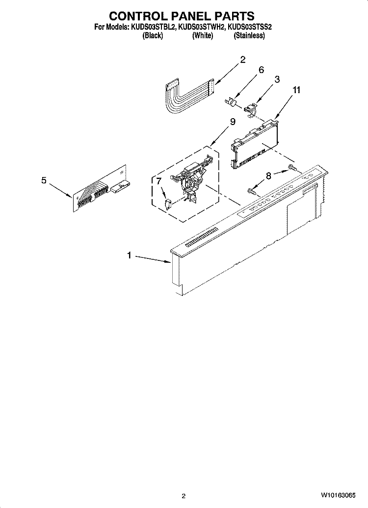 CONTROL PANEL PARTS Diagram and Parts List for KUDS03STWH2  KitchenAid Dishwasher