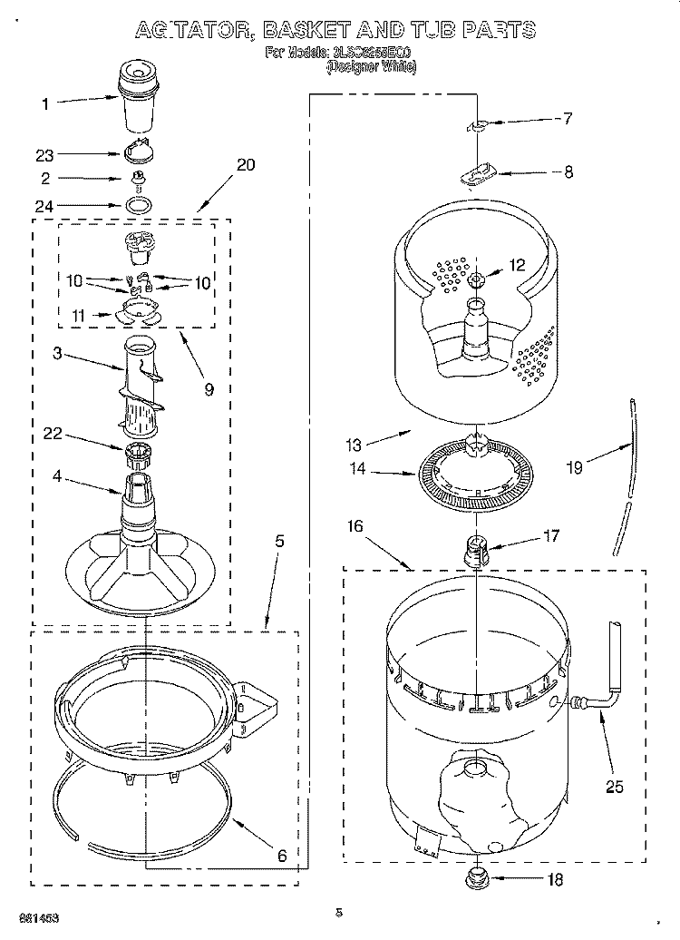 AGITATOR, BASKET AND TUB Diagram and Parts List for 3LSC8255EQ0  Whirlpool Washer
