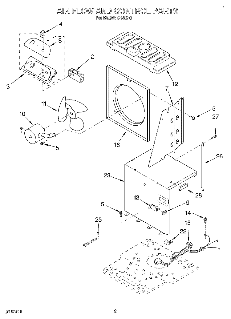 AIR FLOW AND CONTROL Diagram and Parts List for DH40H0  Whirlpool Dehumidifier