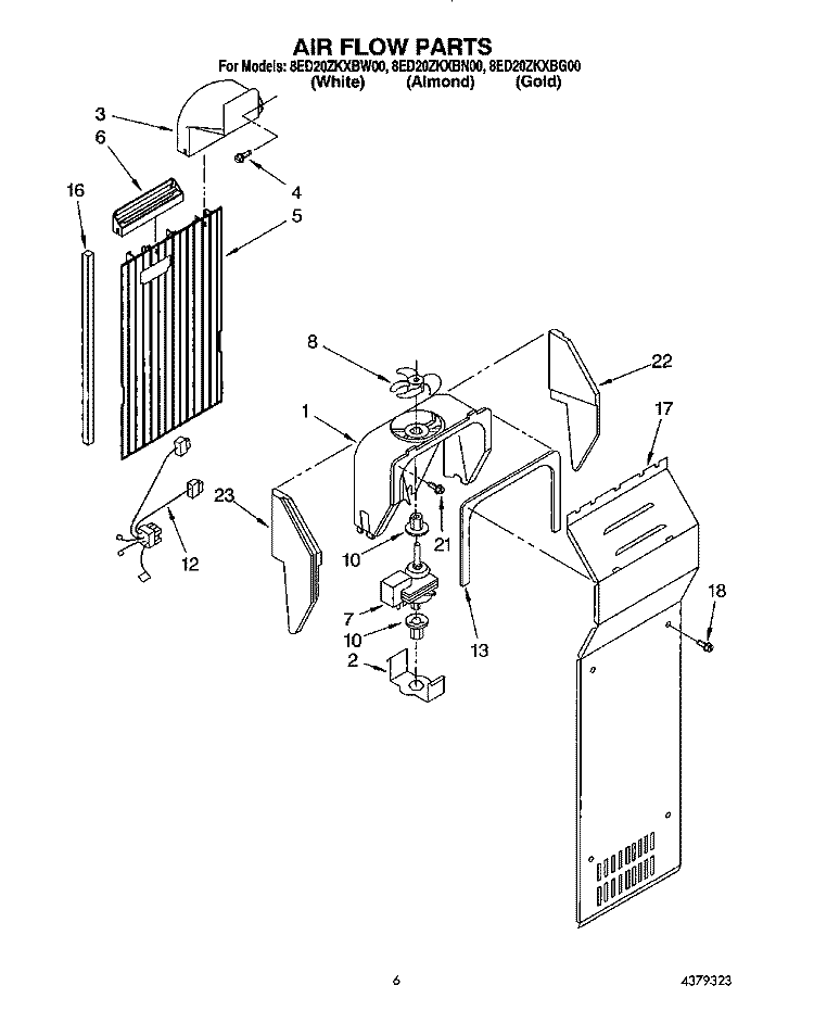 AIR FLOW Diagram and Parts List for 8ED20ZKXBW00  Whirlpool Refrigerator