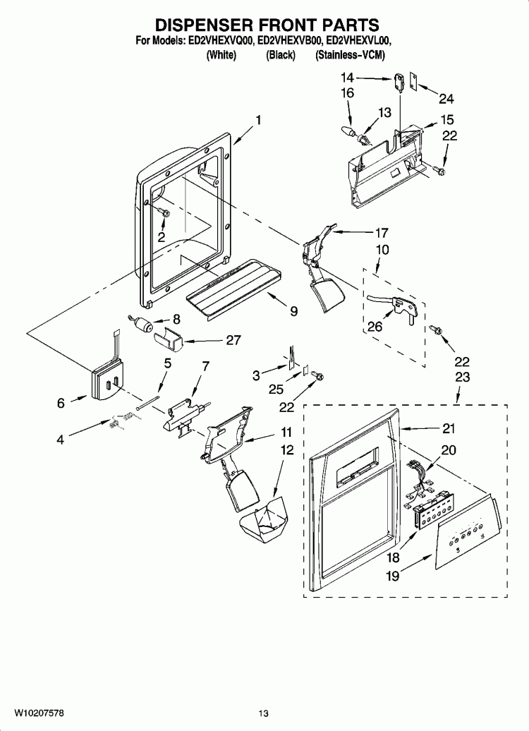 DISPENSER FRONT PARTS Diagram and Parts List for ED2VHEXVB00  Whirlpool Refrigerator