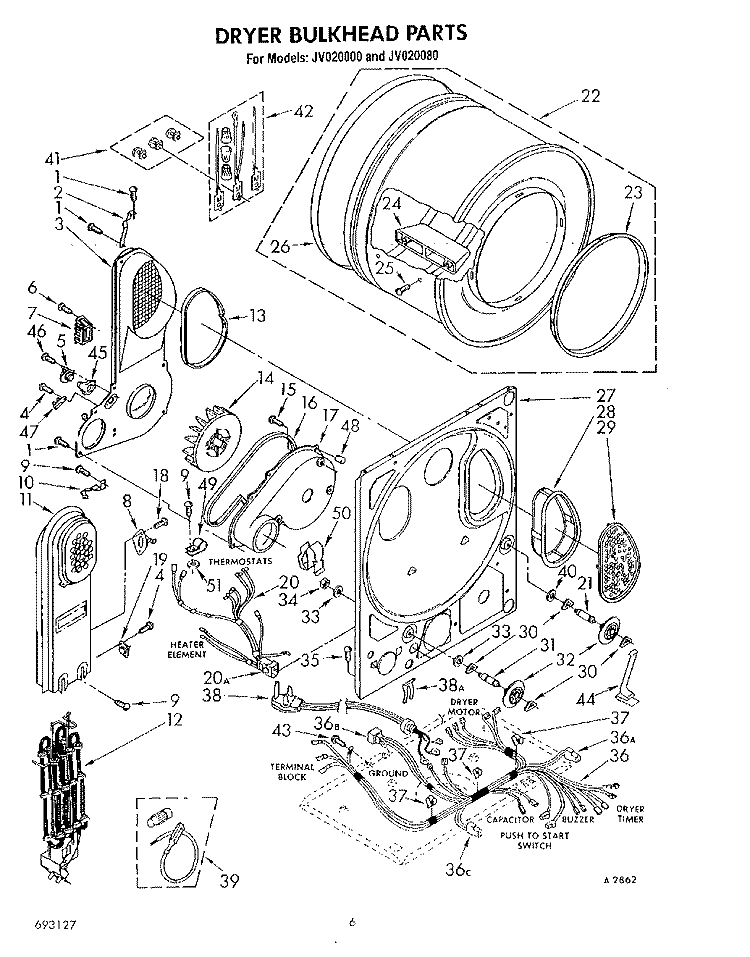 DRYER BULKHEAD Diagram and Parts List for JV020000  Whirlpool Washer Dryer Combo