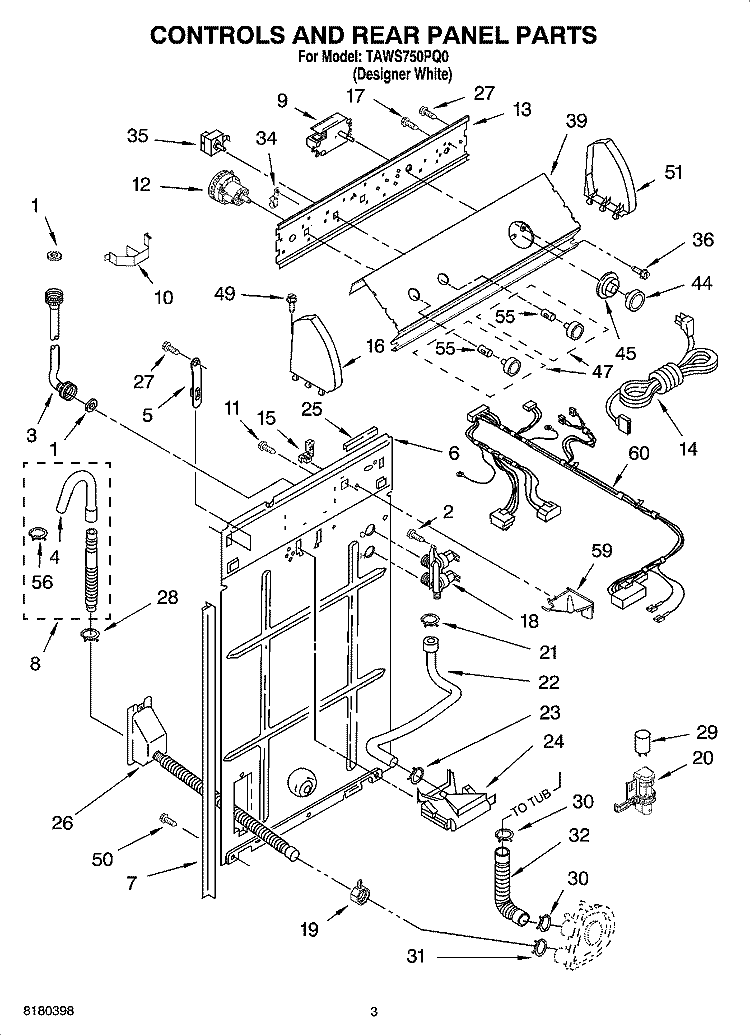 CONTROLS AND REAR PANEL PARTS Diagram and Parts List for TAWS750PQ0  Estate Washer