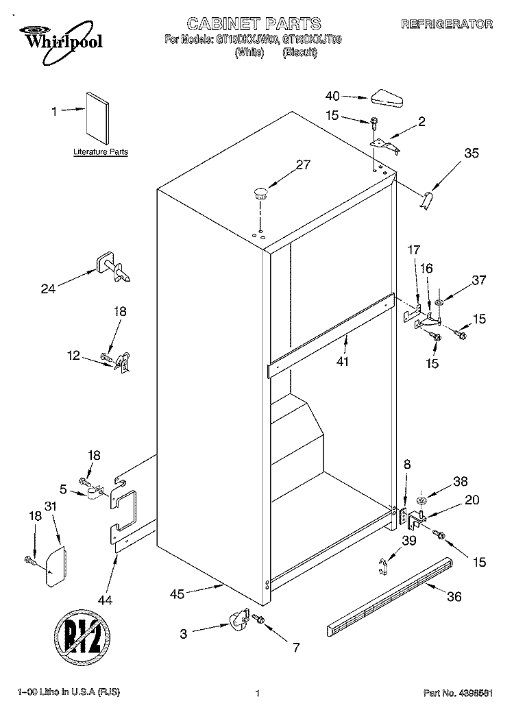 CABINET, LITERATURE Diagram and Parts List for GT19DKXJT00  Whirlpool Refrigerator