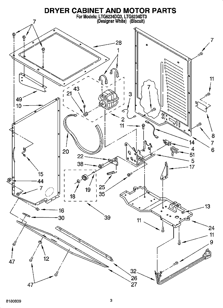 DRYER CABINET AND MOTOR PARTS Diagram and Parts List for LTG6234DQ3  Whirlpool Washer Dryer Combo