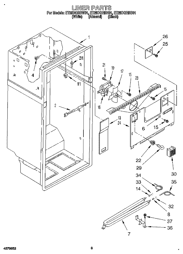 LINER Diagram and Parts List for ET25DQRBN01  Whirlpool Refrigerator
