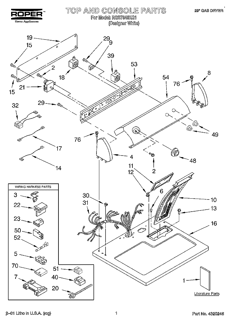 TOP AND CONSOLE, LIT/OPTIONAL Diagram and Parts List for RGS7646KQ1  Roper Dryer