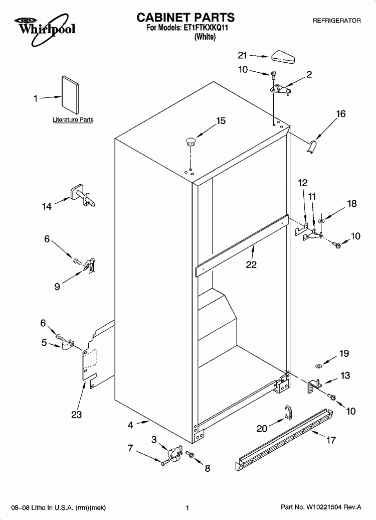 CABINET PARTS Diagram and Parts List for ET1FTKXKQ11  Whirlpool Refrigerator