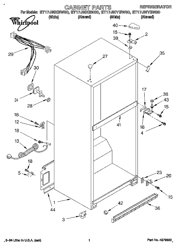 CABINET Diagram and Parts List for ET17JMXBW00  Whirlpool Refrigerator