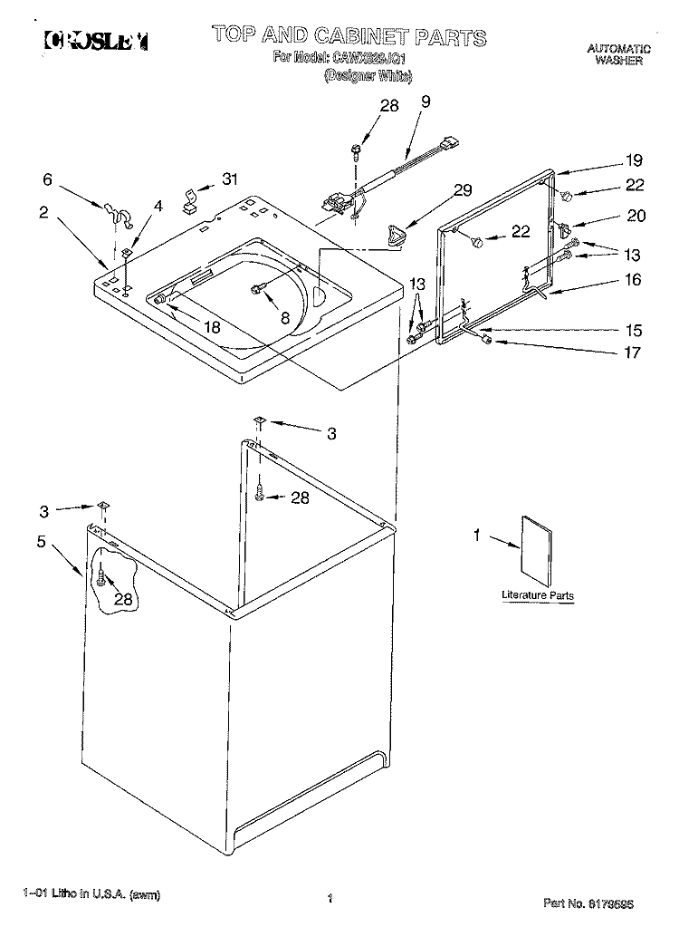 TOP AND CABINET, LITERATURE Diagram and Parts List for CAWX629JQ1  Whirlpool Washer