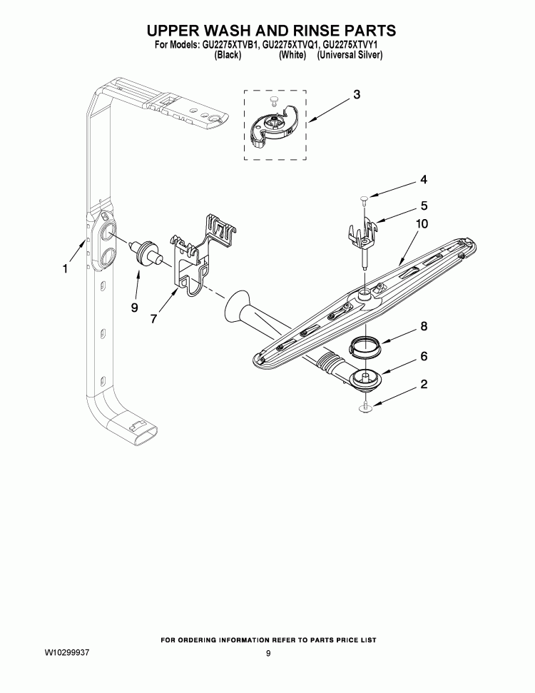 UPPER WASH AND RINSE PARTS Diagram and Parts List for GU2275XTVB1  Whirlpool Dishwasher