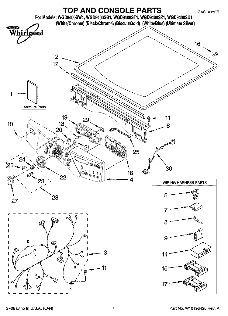 TOP AND CONSOLE PARTS Diagram and Parts List for WGD9400SB1  Whirlpool Dryer